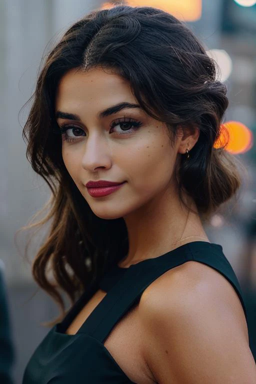 a woman with long hair and a black dress posing for a picture