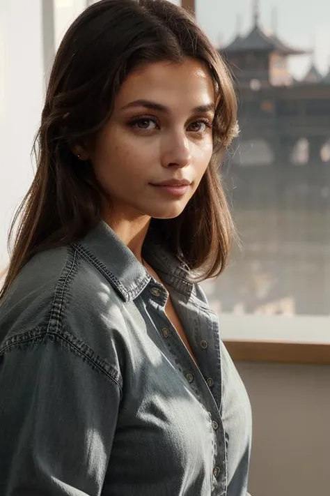 a close up of a woman in a denim shirt looking at the camera