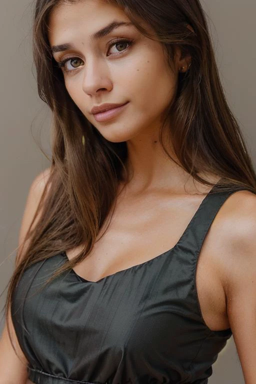 a close up of a woman in a black dress posing for a picture