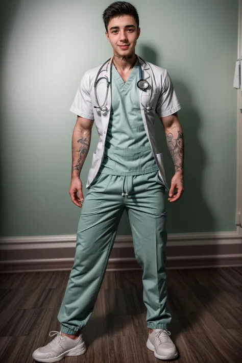 professional studio photo of male jakipz <lora:jakipz-08:0.85> standing in a hospital dressed as a doctor in green scrubs and wearing a stethoscope around his neck and sneakers, strong stance, (smile:0.5), tattoos, soft diffused lighting, confident express...