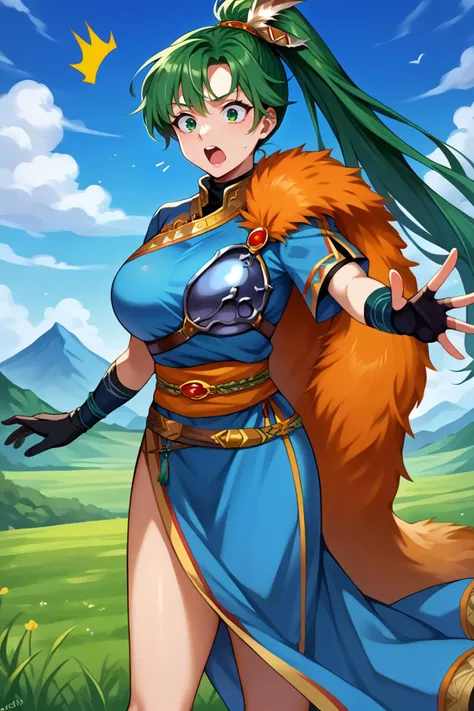 a woman in a blue dress with green hair and a green tail