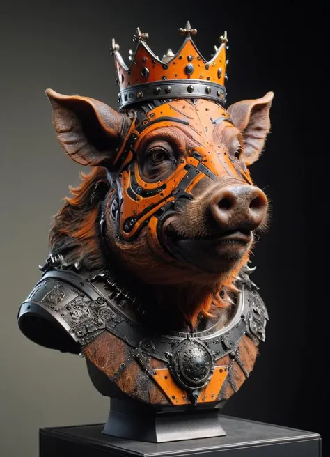 royal mechanical head boar (bust:1.3), wearing a crown, in the museum, light and shadow, orangeblack, 8k, F2.8, RAW Photo, ultra detailed, real life, <lora:Orange__Black:1>   <lora:xl_more_art-full_v1:0.5>