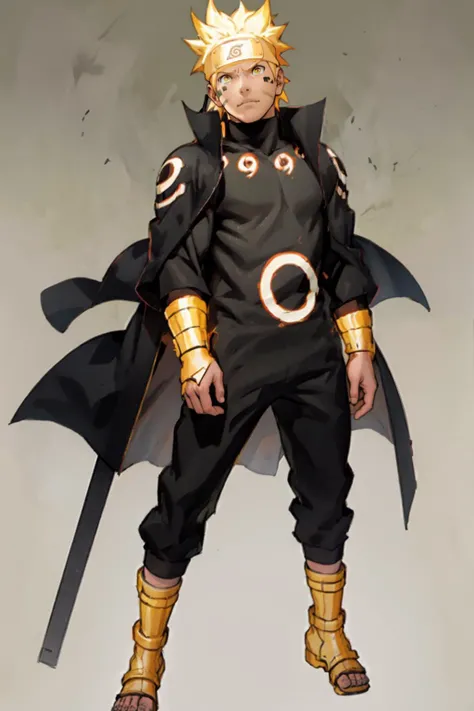 best quality, Mature male, Leaning, <lora:Naruto_SixPaths-10:.9> Naruto, 1boy, yellow eyes, symbol-shape pupils, gold hair, headband, facial mark, Black bodysuit, tomoe (symbol), golden jacket, high collar, full body,  golden sandals