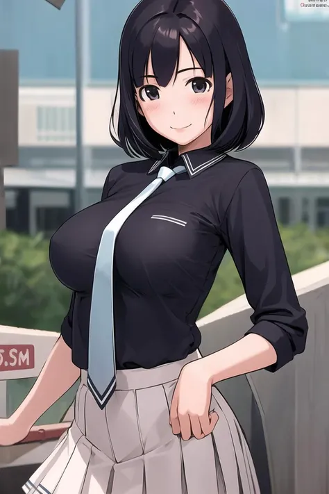 ((masterpiece)), (best quality), (detailed), (1 girl),<lora:Style04KG-12:0.8>,school uniform,long pleated skirt,large breasts,blush,short black hair,standing,cowboy shot,necktie,smile,black shirt