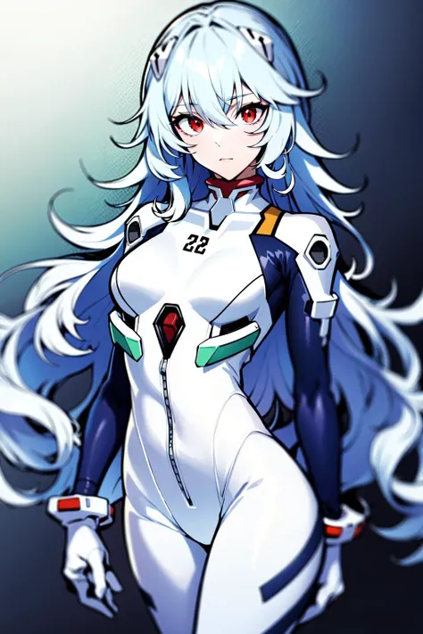 absurdres, best quality, 1girl, solo, looking at viewer, eye focus,  <lyco:GoodHands-beta2:1.0>,  <lora:rei_evangelion:0.5>, rei_evangelion, light blue hair, red eyes, long hair, absurdly long hair, kinky hair, curly hair, plugsuit, pilot suit, interface h...