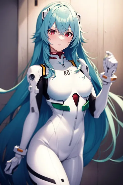 absurdres, best quality, 1girl, solo, looking at viewer, eye focus,  <lyco:GoodHands-beta2:1.0>,  <lora:rei_evangelion:0.5>, rei_evangelion, light blue hair, red eyes, long hair, absurdly long hair, kinky hair, curly hair, plugsuit, pilot suit, interface h...