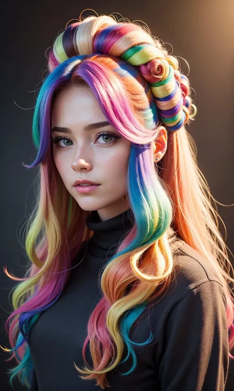 masterpiece, best quality, (realistic, highly detailed), hair vortex, multicolored,