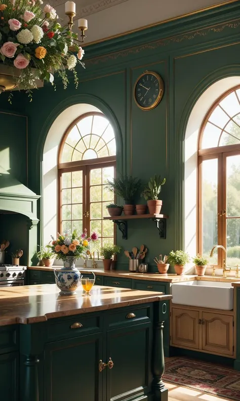 maximalist kitchen with lots of flowers and plants, golden light, award winning masterpiece with incredible details big windows,...