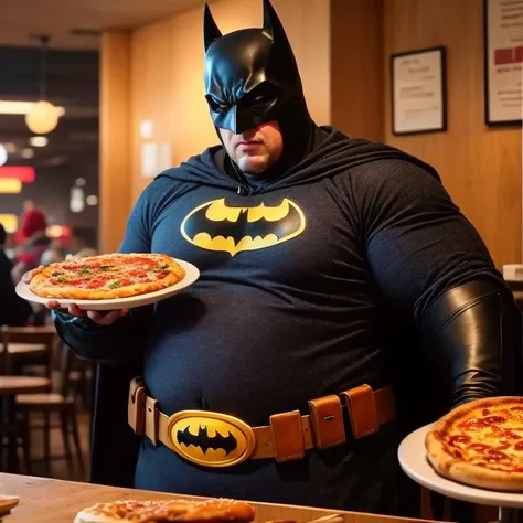 super fat batman,in a pizzeria,