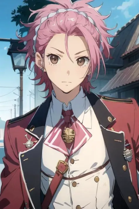 masterpiece, best quality, sketch, 1boy, solo, male focus, looking at viewer, upper body, depth of field, <lora:ryuu_zaou:0.72>, ryuu_zaou, pink hair, brown eyes, pirate costume, world war 2,