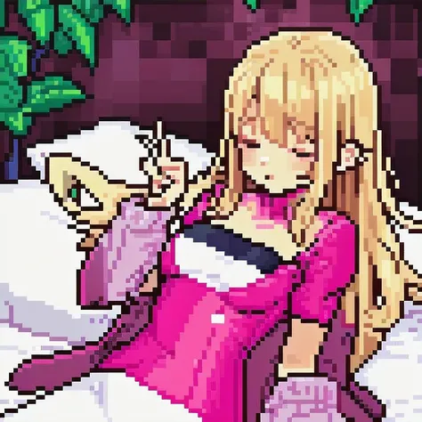 Pixel art, 1girl, cute, bed, sleeping, medium breasts