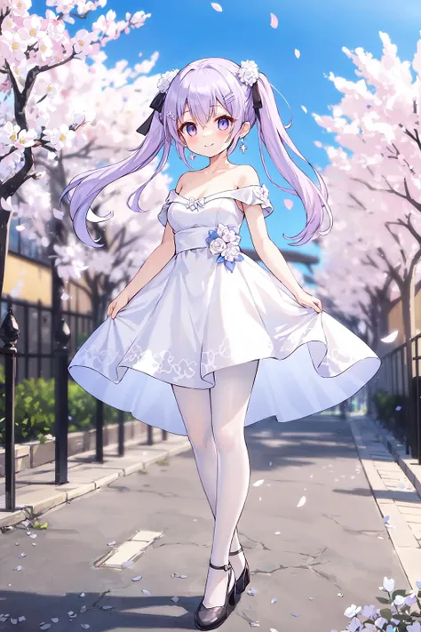 best quality, masterpiece,outdoors, street, sunlight, cherry blossoms, falling petals,  full body, 1girl, solo,standing, arms behind back, long hair,twintails, hair between eyes, light purple hair, hairclip,ribbon, earrings,  looking at viewer, medium brea...