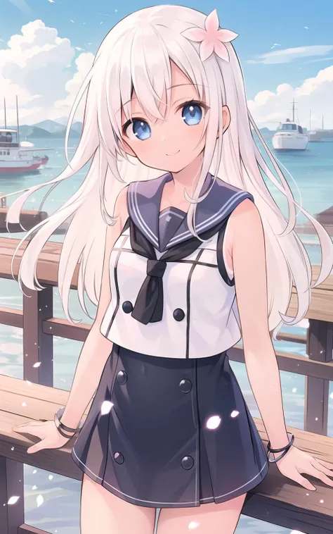 (masterpiece, best quality, ultra-detailed),
1girl, solo,
cute face, kawaii, cute, very big eyes, Aesthetic Anime Eyes, small face,
ro-500, tan, smile, harbor, 
(cowboy shot:1.2), <lyco:ro-500-1280arb:1.0>