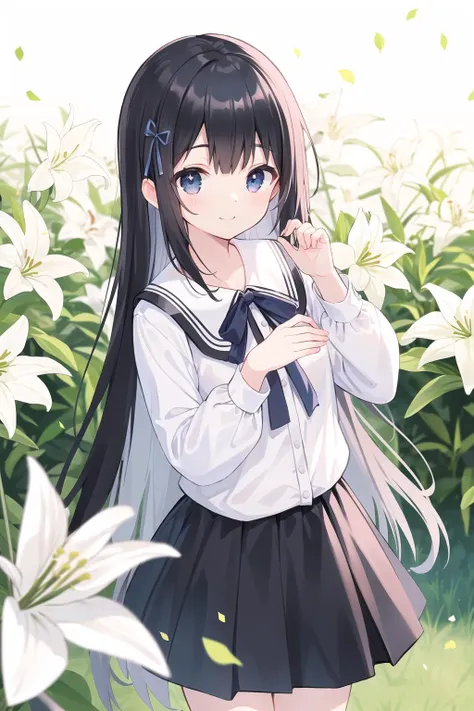 anime girl with long black hair and white shirt and black skirt