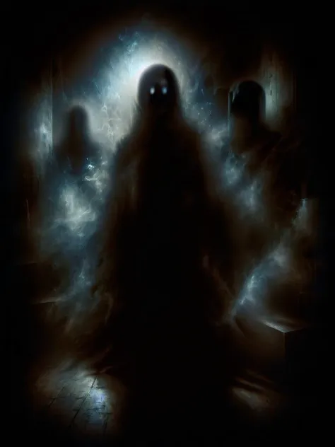 a ghostly figure in a dark room with fog and light