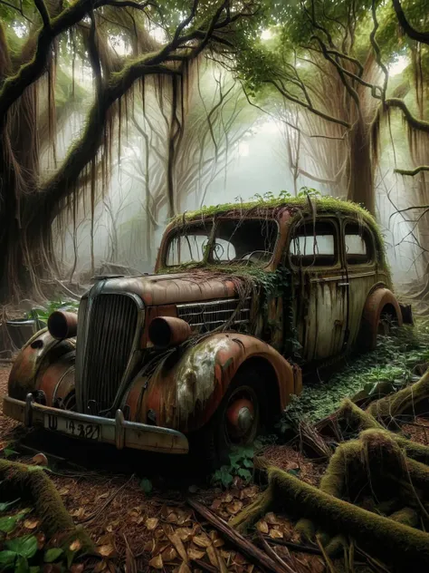 there is a old car that is sitting in the woods