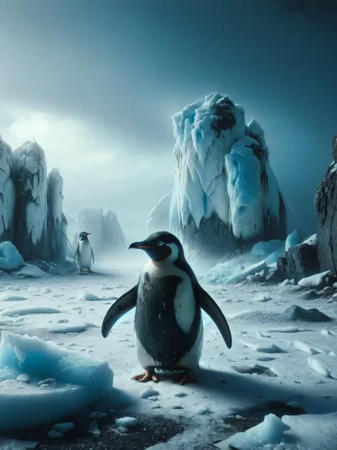 penguin standing on ice in front of a mountain with icebergs