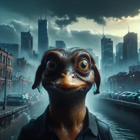 (masterpiece, best quality, highly detailed) half-human, half-duck, duck head, giant eyes, wearing fluorescent jogging, mullet haircut, view of the city in the background,  (photorealistic:1.4), 8K raw photo, 8K wallpaper, DSLR, HDR, (sharp focus)(sharp fo...