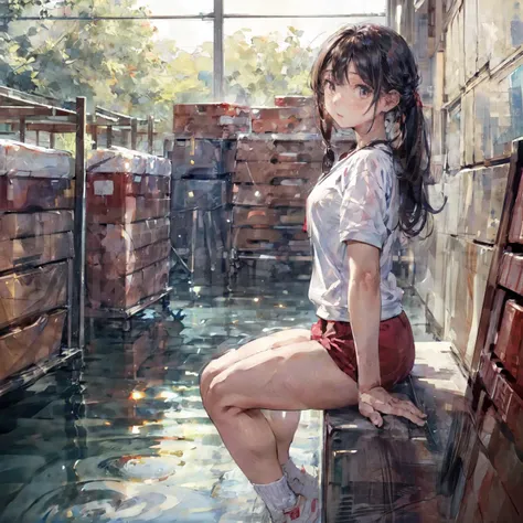 anime girl sitting on a ledge in a warehouse with a brick wall