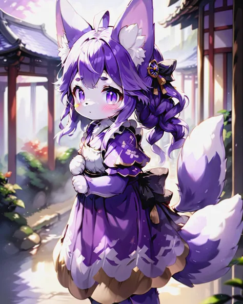 1girl, solo, masterpiece, ultra detailed, scenery, medium shot, standing, palace, outdoors, maid,, long braided ponytail, purple eyes, purple hair, raiden shogun,  <lora:ToraFurry_XL_p2-t1:0.9> ,furry,, animal ear fluff, tail, body fur