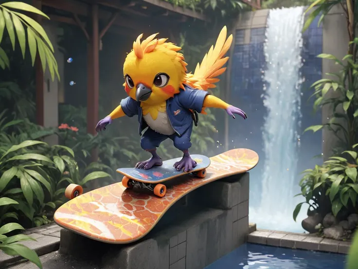 rainbows dymanic pose, tanzanite foliage color change mango bird riding a skateboard japanese town by the pool, tiles <lora:ToraFurry_XL_p2-t1:0.7> furry Saffron  feral ukiyo-e  <lora:xl_more_art-full_v1:0.3> cute shredding the railing with sparks, rushing...