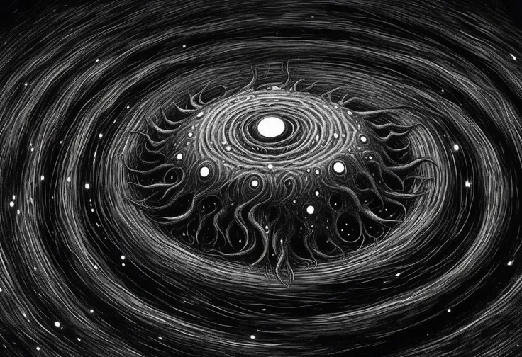 a black and white drawing of a spiral vortex with a sun in the center