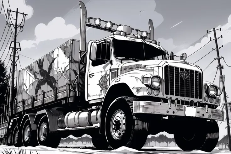 there is a black and white drawing of a semi truck