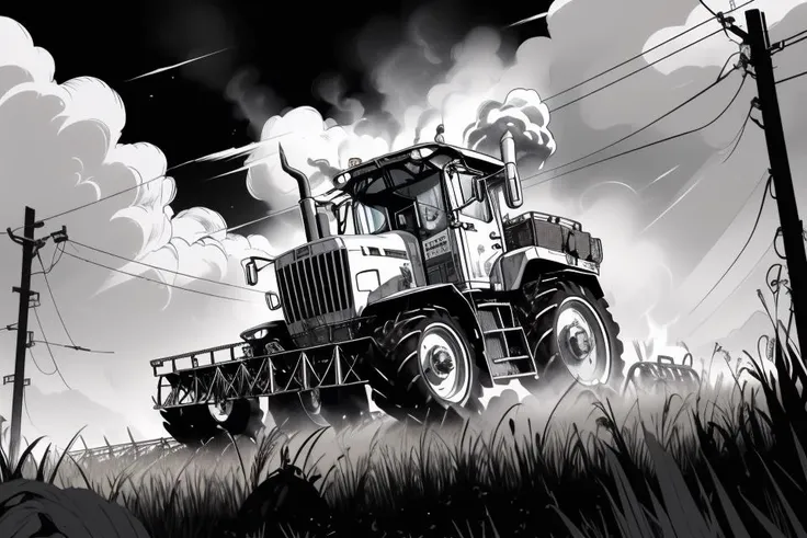 cartoon illustration of a tractor driving through a field with smoke coming out of it