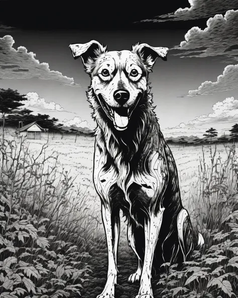 there is a black and white drawing of a dog sitting in the grass