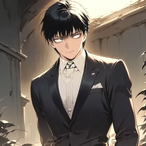 anime image of a man in a suit and tie standing in front of a building