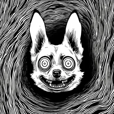 a black and white drawing of a dog with big eyes