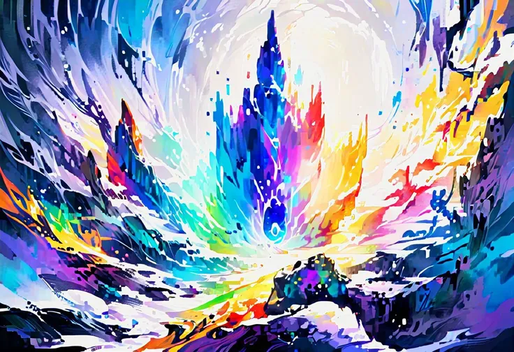 painting of a colorful abstract landscape with a mountain and a rainbow sky