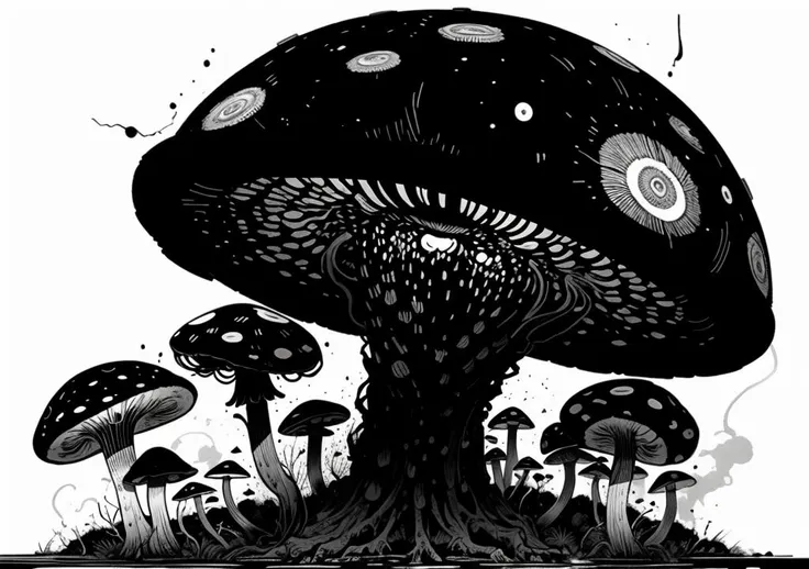 a black and white drawing of a mushroom with many mushrooms