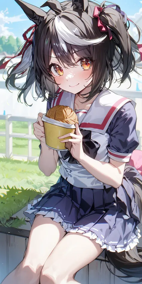 anime girl eating a sandwich and drinking a cup of coffee