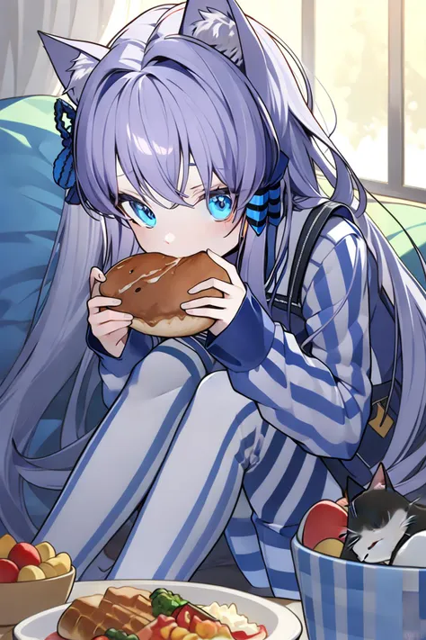 anime girl eating a donut while sitting on a couch