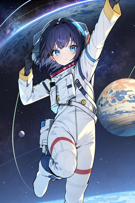 anime girl in space suit flying through the air with a planet in the background