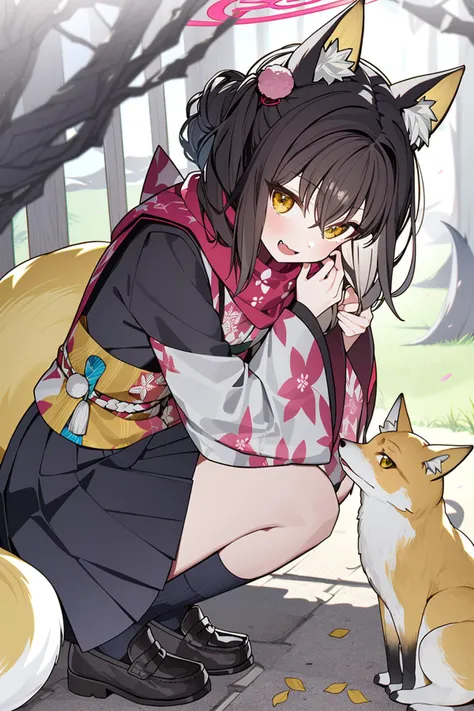 anime girl with cat ears kneeling down next to a cat