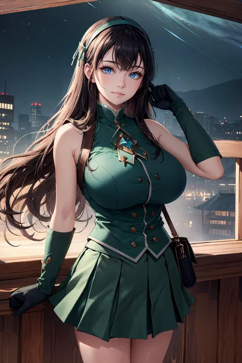 (masterpiece:1.3),(best quality:1.1),1girl,high quality,highres,absurdres,textless version,huge breasts,narrow waist,solo,looking at viewer,<lora:Saya-long breasts3:0.35>,sagging breasts,Industrial wind,Chinese architecture,full_shot,night,night sky,<lora:...