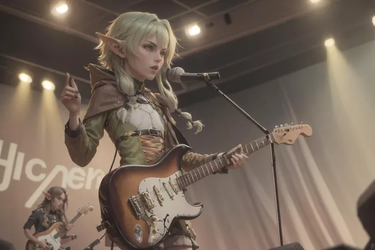 highres, 8k, night show,  standing on a stage, rock frontman, <lora:high_elf_archer-10:1> high_elf_archer, elf, pointy ears, long hair, sidelocks, hair bow, brown shorts,<lora:guitar_v_stratocaster-000005:1> playing stratocaster-shaped guitar, full body, l...