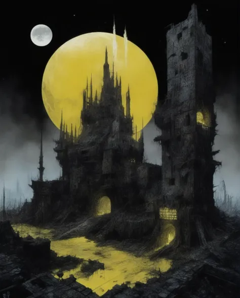 a painting of a castle with a full moon in the background