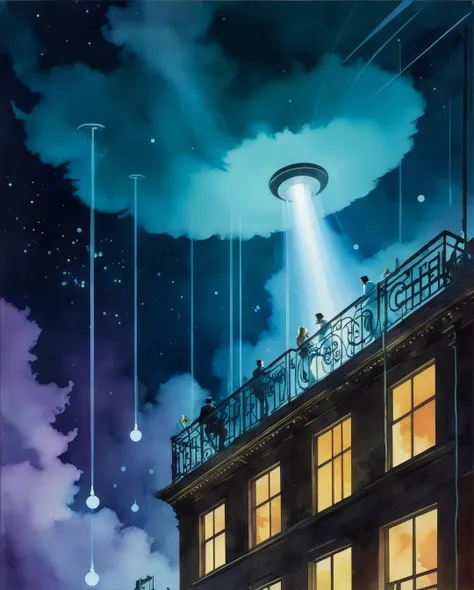 anime scene of a man standing on a balcony watching a flying object