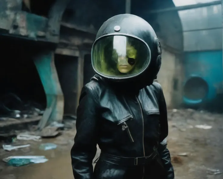 arafed woman in a black leather jacket and helmet standing in a dirty room