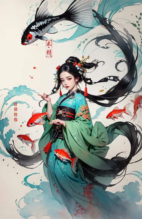 Low contrast(Ink style:1.2),  A shot with tensiondetailed backgroundDouble exposure,masterpiece, professional artwork, famous artwork, 1girl,
Tradition Chinese Ink Painting style of A cute girl in traditional Chinese costumes is and koi.     There are m...