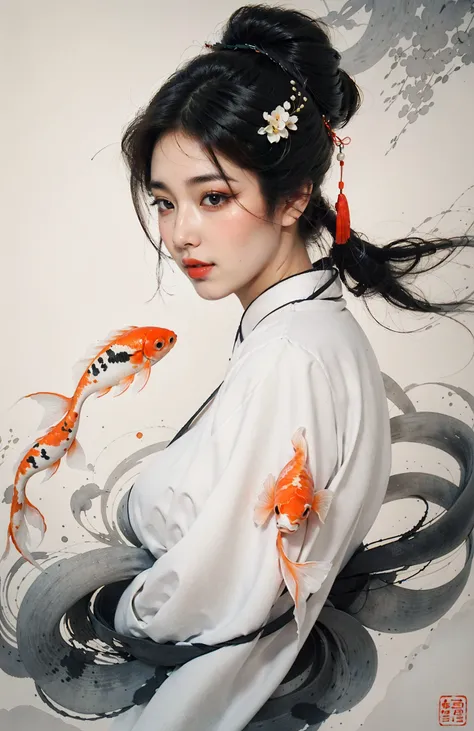 Low contrast(Ink style:1.2),  A shot with tensiondetailed backgroundDouble exposure,masterpiece, professional artwork, famous artwork, 1girl,
Tradition Chinese Ink Painting style of A cute girl in traditional Chinese costumes is and koi.     There are m...