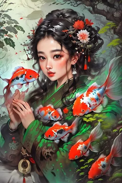 woman in a mythical forest, masterpiece, perfect face, intricate details, horror theme <lora:ç»ªå¿-æ°´å¢¨é±¼ kio:1> photo_unp, koi