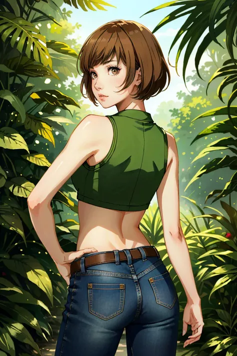 a woman in jeans and a green top standing in a jungle