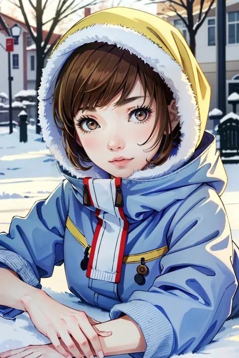 ((masterpiece, best quality))
<lora:Persona3Chie:0.8>
Persona3Chie, 1girl, solo, short hair, brown hair, brown eyes, in a winter wonderland, bundled up, lying on the stomach, propped up on elbows