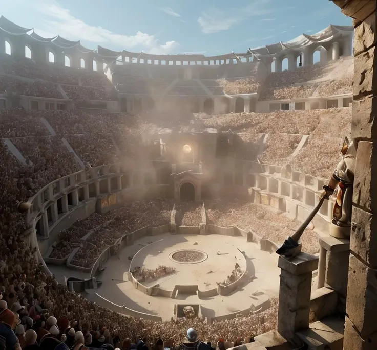 (masterpiece:1.2), (best quality,:1.2), 8k, HDR, ultra detailed, ((photorealistic)), professional light, cinematic lighting, ambient lighting, a gladiator in a fantasy arena, spectator crowd, seen from above, <lora:Arena-10:1>,  epiCPhoto