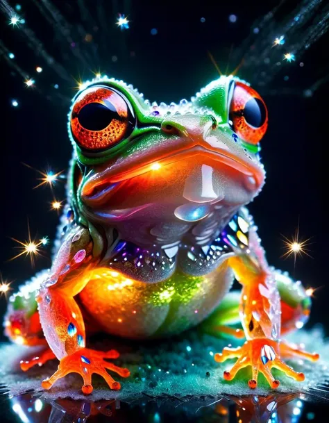 macro photo, a beautiful frog, glowing lights, beautiful magical sparkles, moon dust particulates, vibrant whimsical colors, mad...