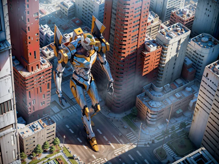 (masterpiece, best quality, raw photo, ultra realistic, official art, beautiful and aesthetic, (extremely detailed CG unity 8k wallpaper),
(high building:1.2, road, taipei, blue sky, cloudy), no humans, 
evangelion mecha, EVAGOD, EVA00:1, solo, walking,
 <...